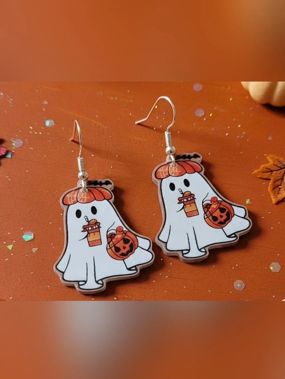 Kids Halloween Ghost Dangle Earrings - White & Orange